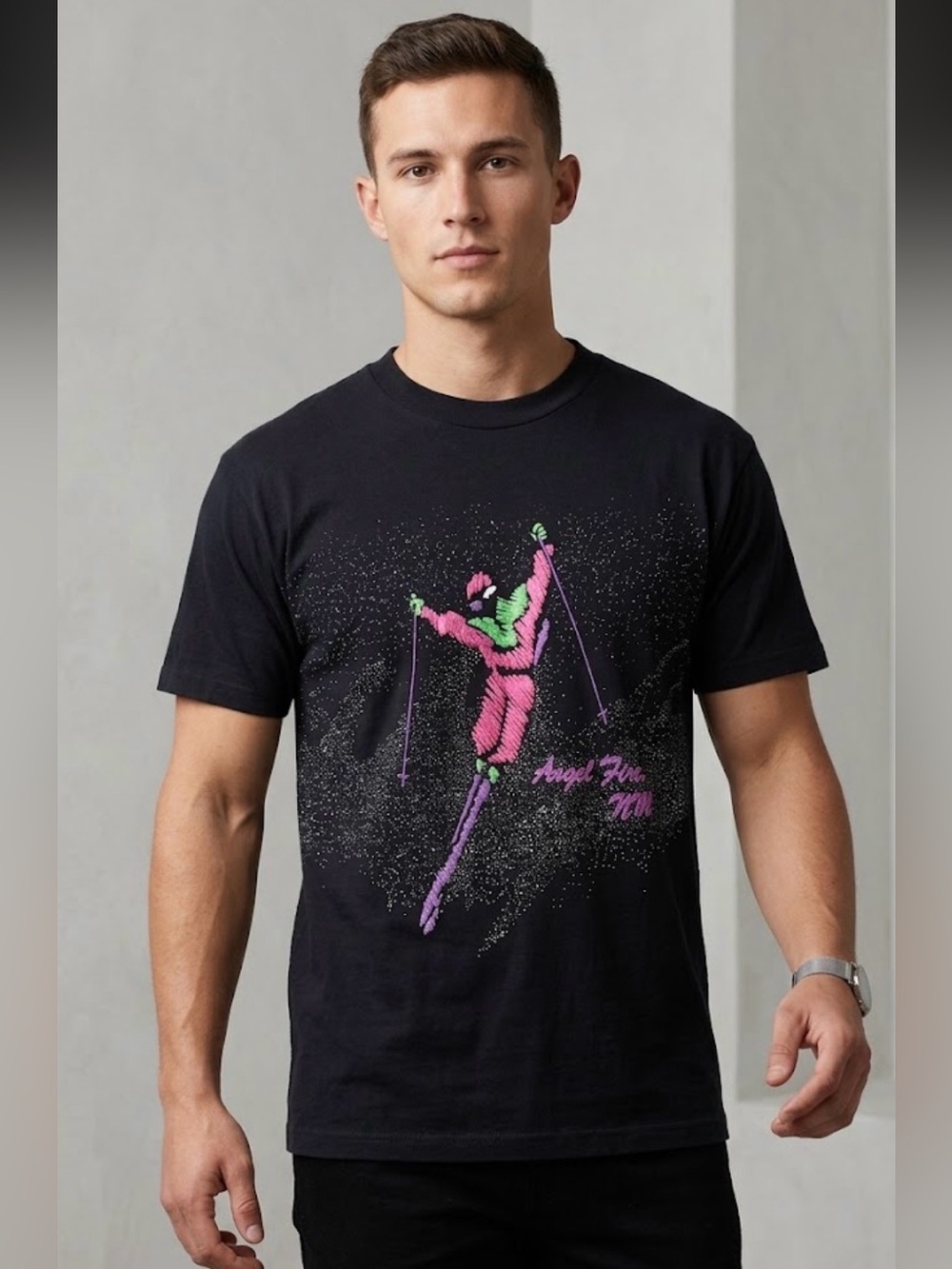 Vintage Screen Stars Black Tee with Pink and Green Ski Graphic M retro